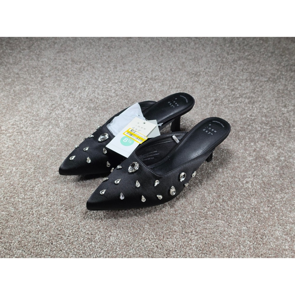 A New Day Katia Black Satin Rhinestone Pointed Toe Mules Kitten Heels Womens 8.5
